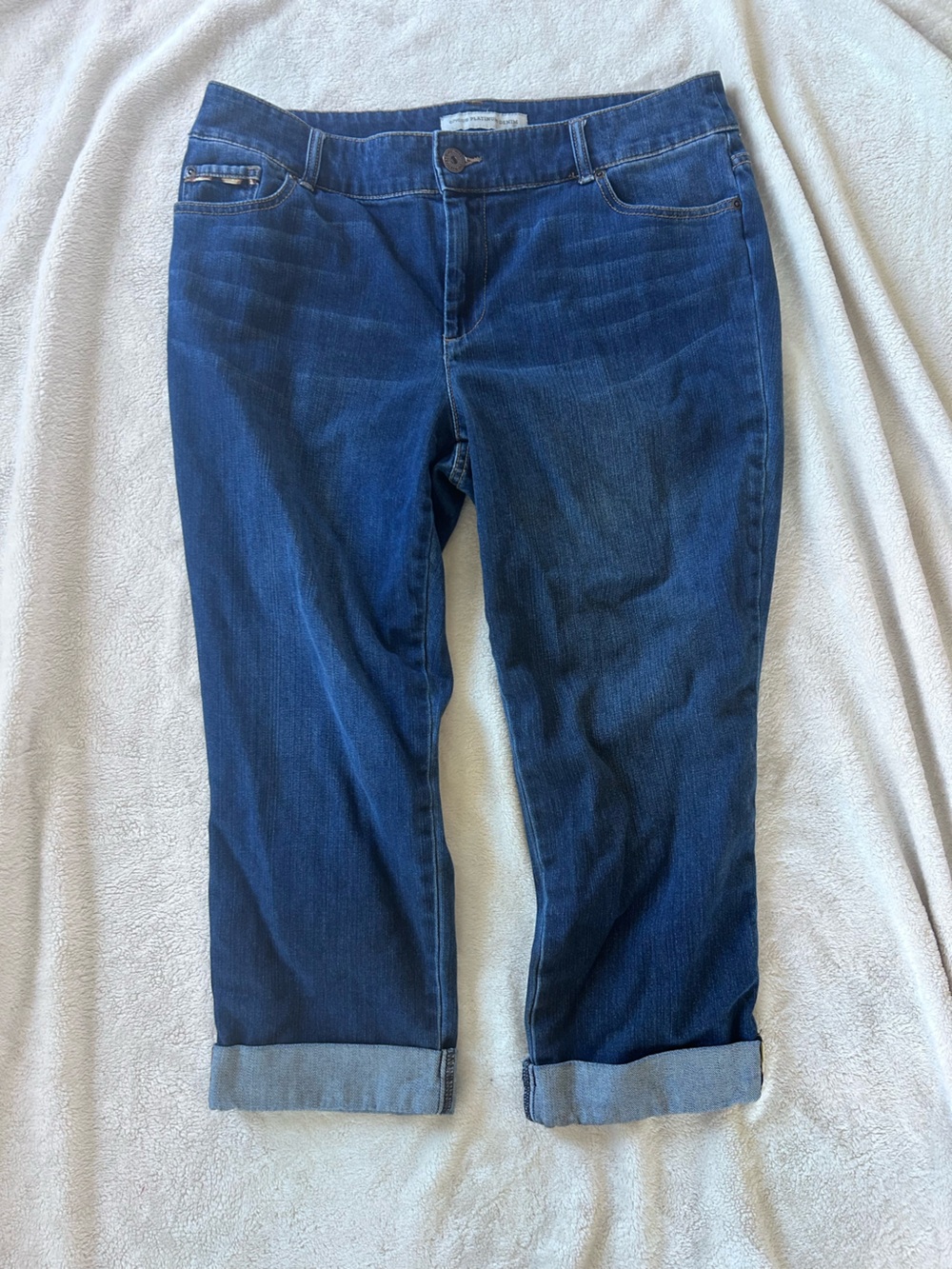 Chico's Platinum Denim Women's Capris in Dark Blue Wash with Animal Print